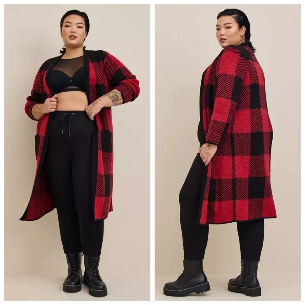 Torrid Duster Open Front Black And Red Plaid Sweater Cabincore  Size 2